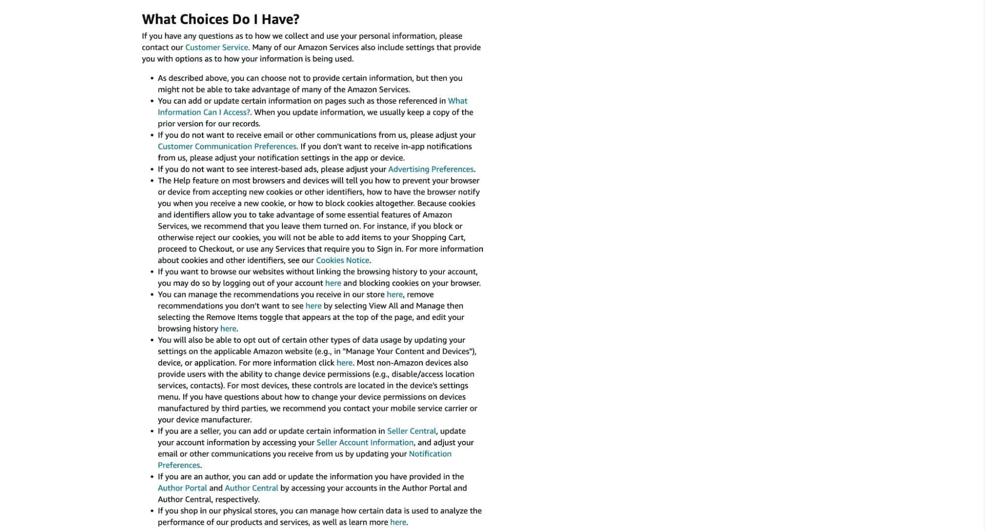 Amazon privacy notice example detailing choices consumers have to protect privacy
